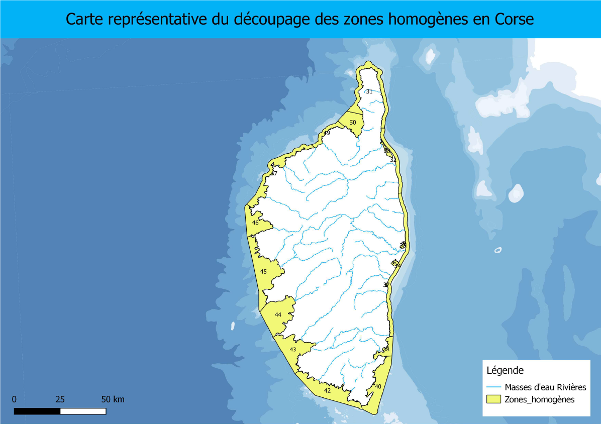 Carte représentative du découpage des zones homogènes en Corse
