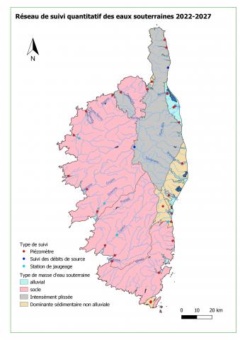 Carte des stations de suivi quantitatif des eaux souterraines 2022-27
