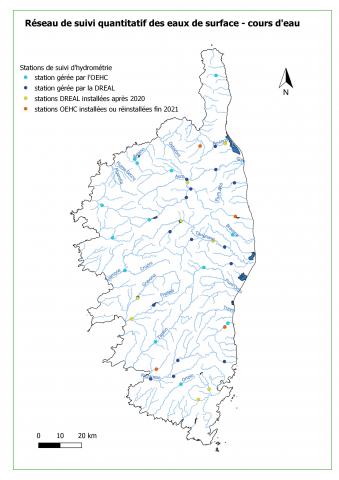 Carte des stations de suivi quantitatif des eaux superficielles 2022-27